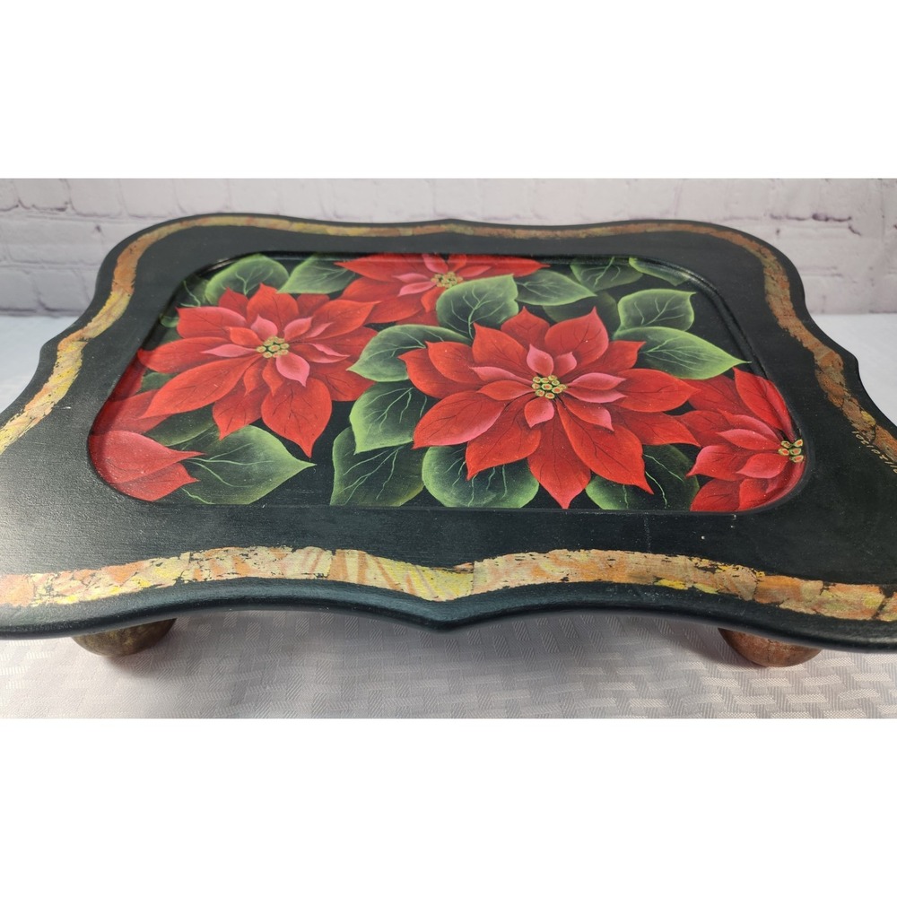 Vintage Signed Joan Durwin Long Hand Painted Poinsettia Wood Table Riser Tray